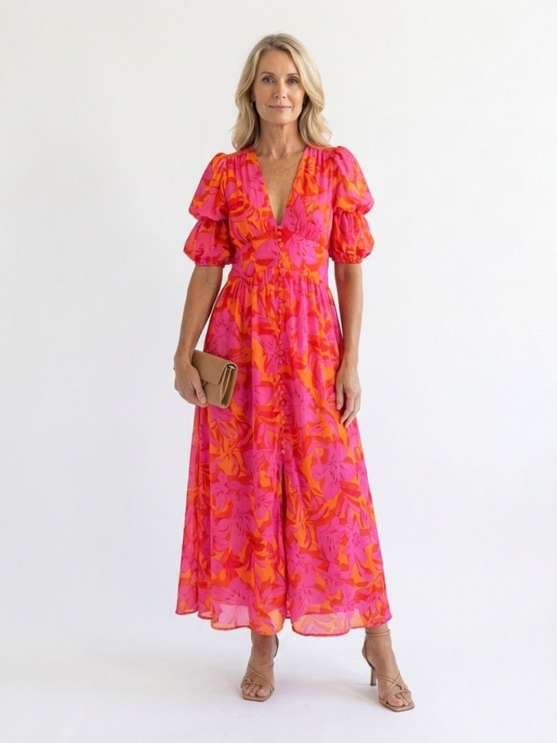 Alicia | Vestido Midi de Manga Abullonada con Escote en V Florall