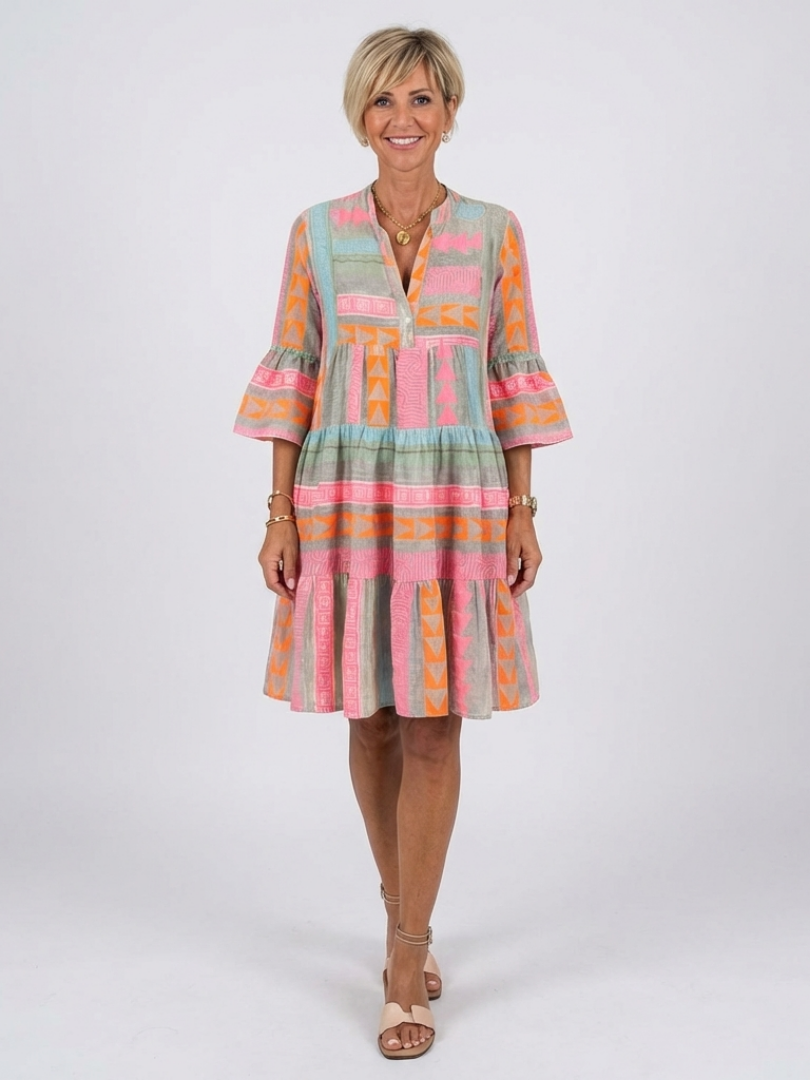 Maelle | Vestido de Longitud a la Rodilla con Estampado Geométrico y Escote en V