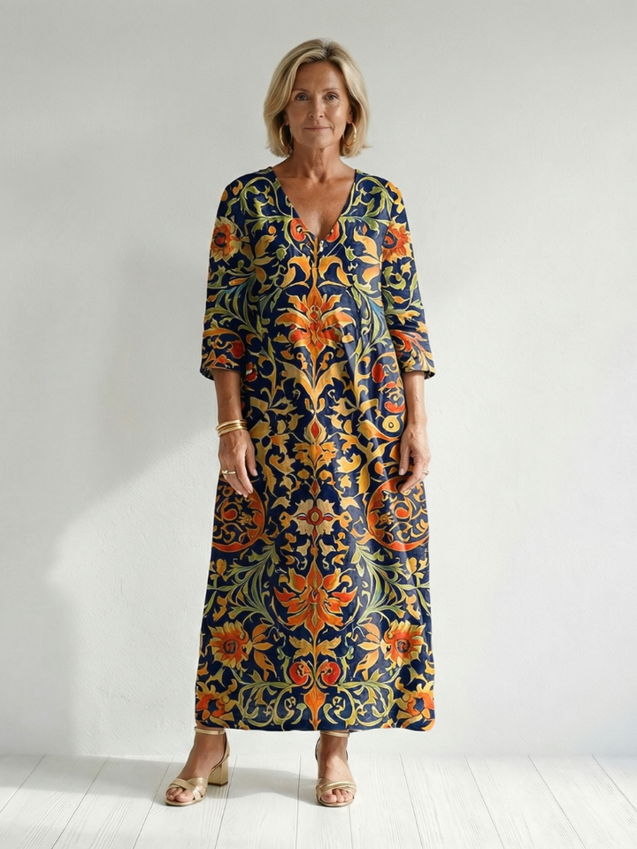 Elenara | Vestido Midi Floral Ornamental Limpio