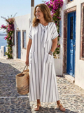 Elaris | Vestido midi de cuello con lazo y rayas de manga corta