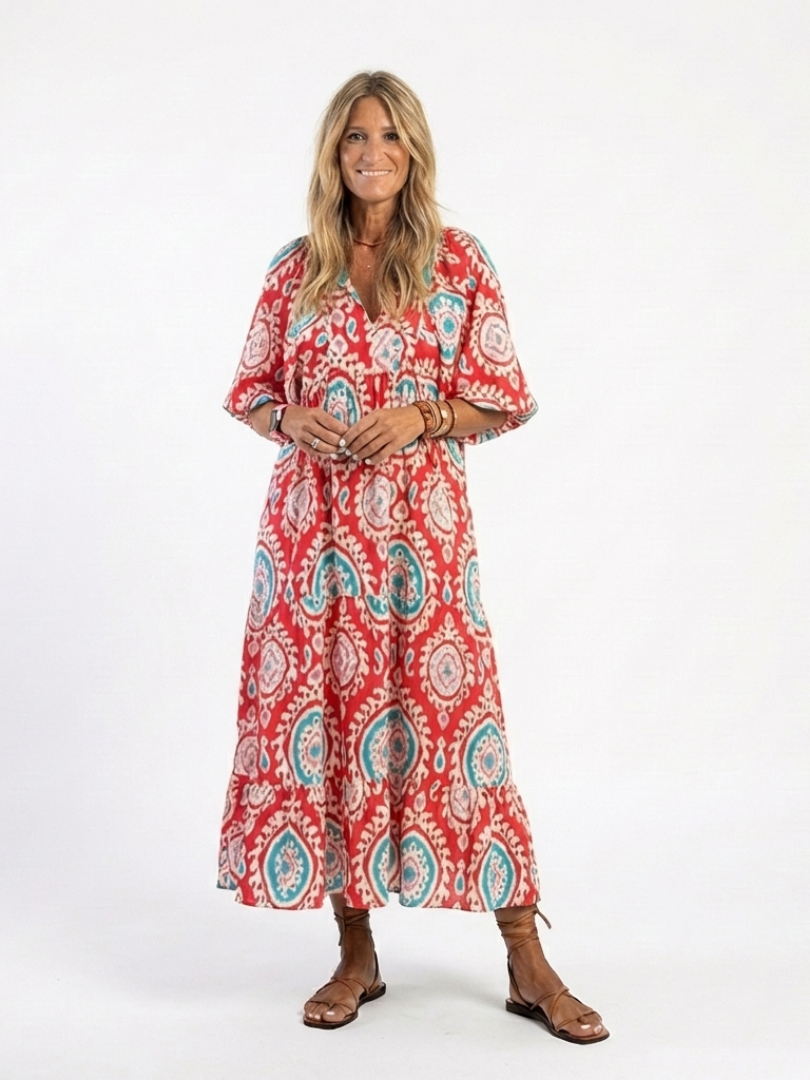 Zaria | Vestido Midi de Manga Corta con Escote en V de Estampado Paisley