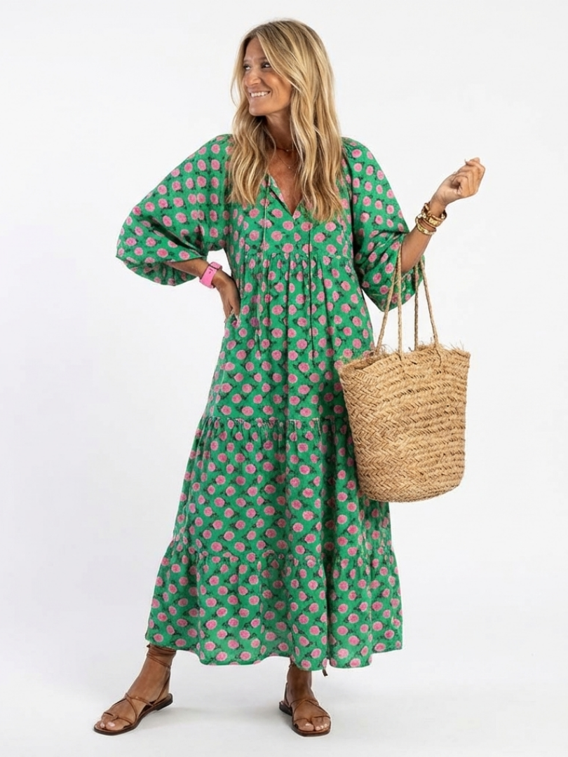 Fiona | Vestido Midi de Cuello en V con Estampado Floral
