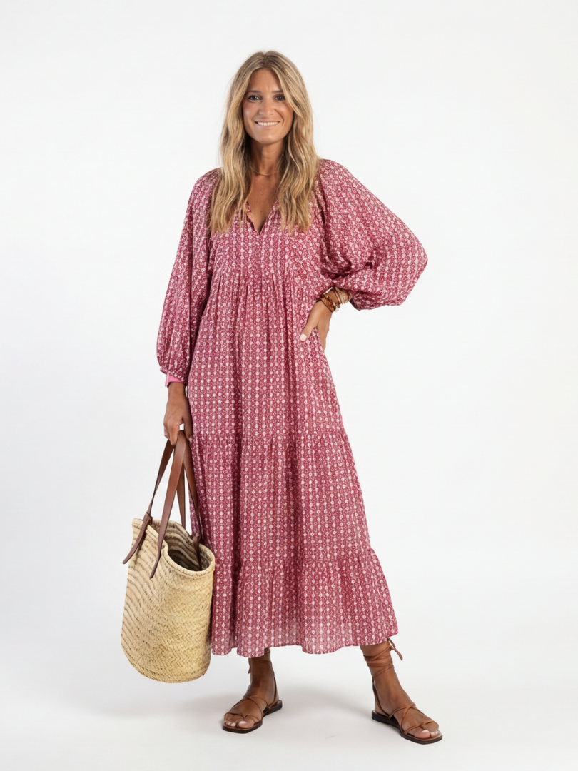 Paloma | Vestido Midi de Manga Larga con Estampado Geométrico