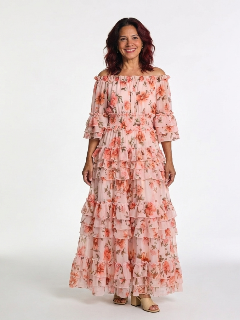 Rosalia | Vestido Maxi Floral con Volantes y Hombros Descubiertos