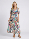 Eulalie | Vestido midi de manga corta con escote en V y cintura fruncida