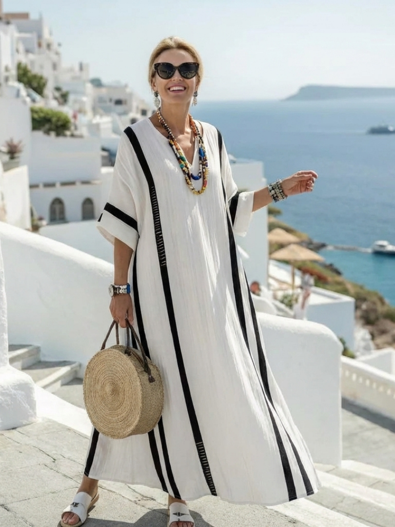 Elvienne | Vestido Maxi de Manga Corta con Bloques de Color y Rayas