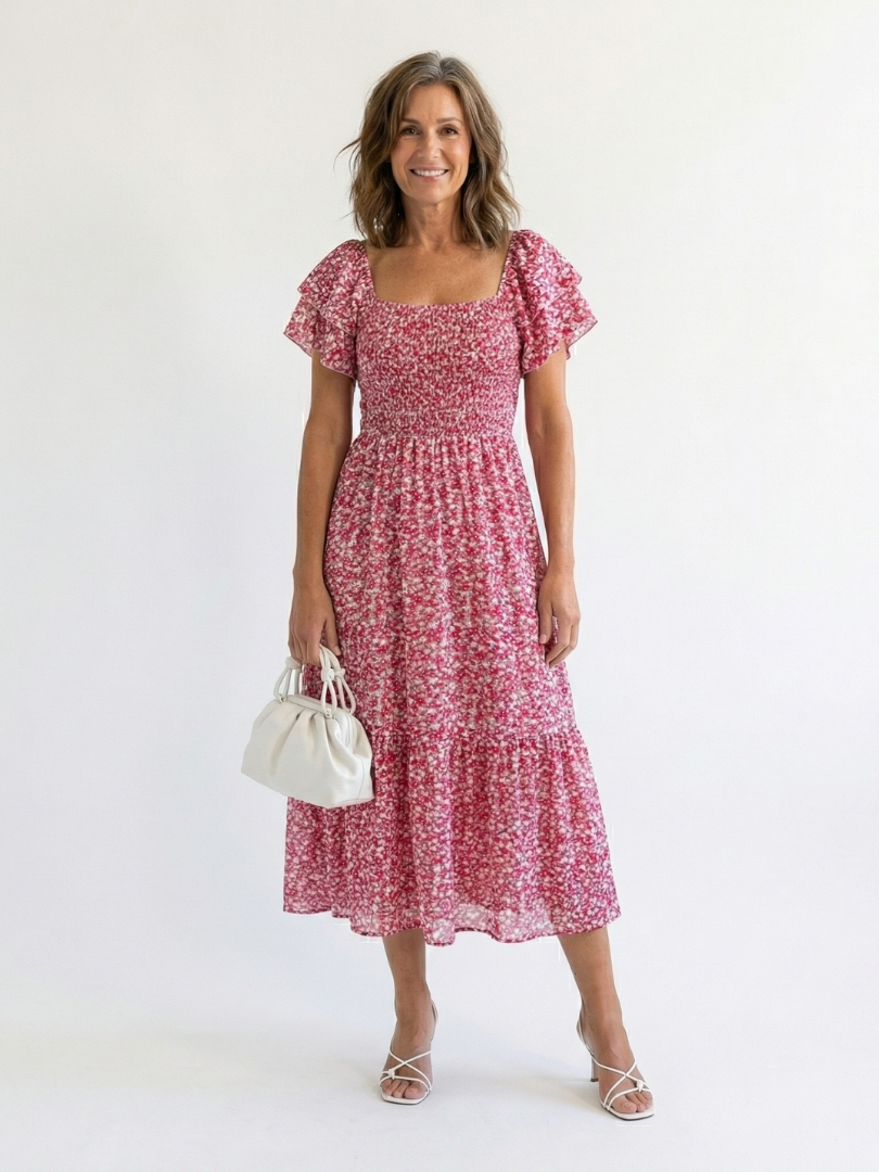 Odette | Vestido Midi Floral con Hombros Descubiertos