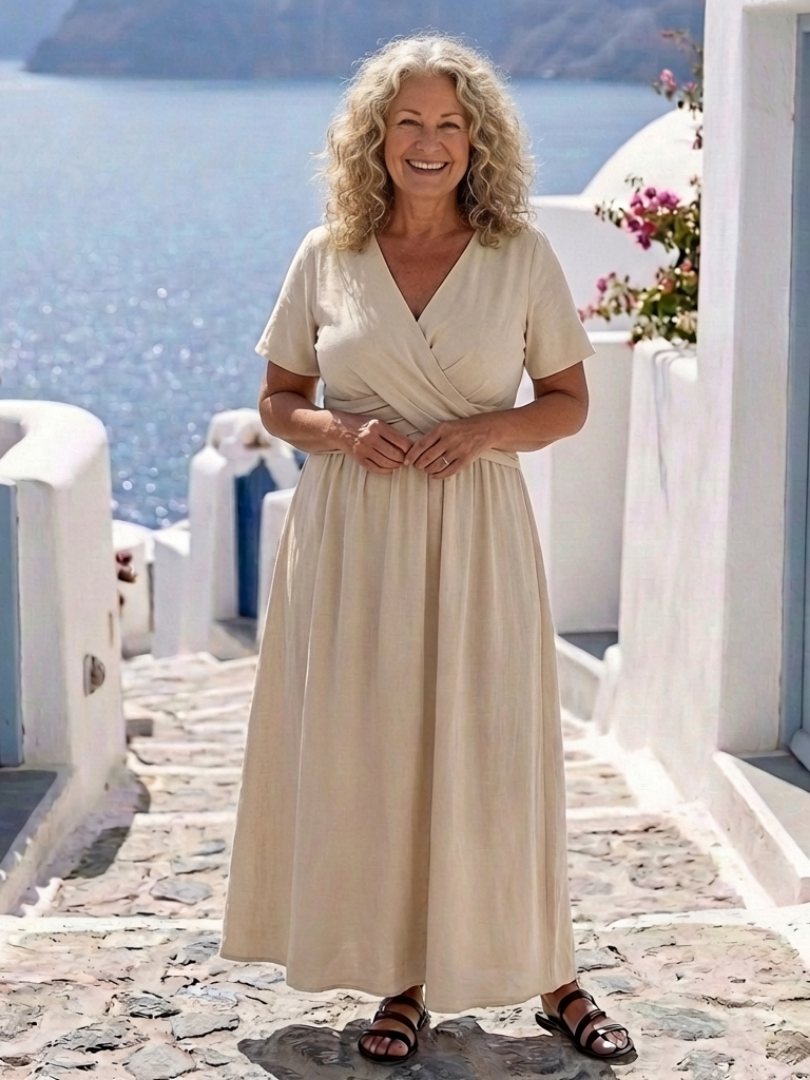 Alvara | Vestido Midi Envoltura de Manga Corta con Escote en V