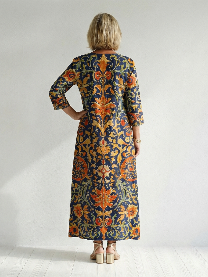 Elenara | Vestido Midi Floral Ornamental Limpio