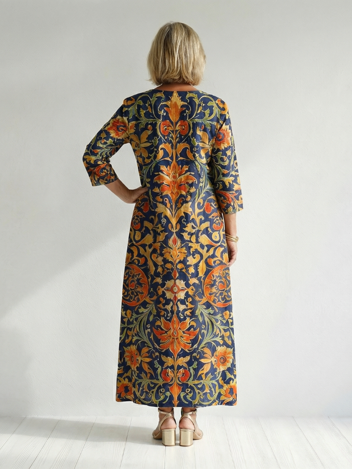 Elenara | Vestido Midi Floral Ornamental Limpio