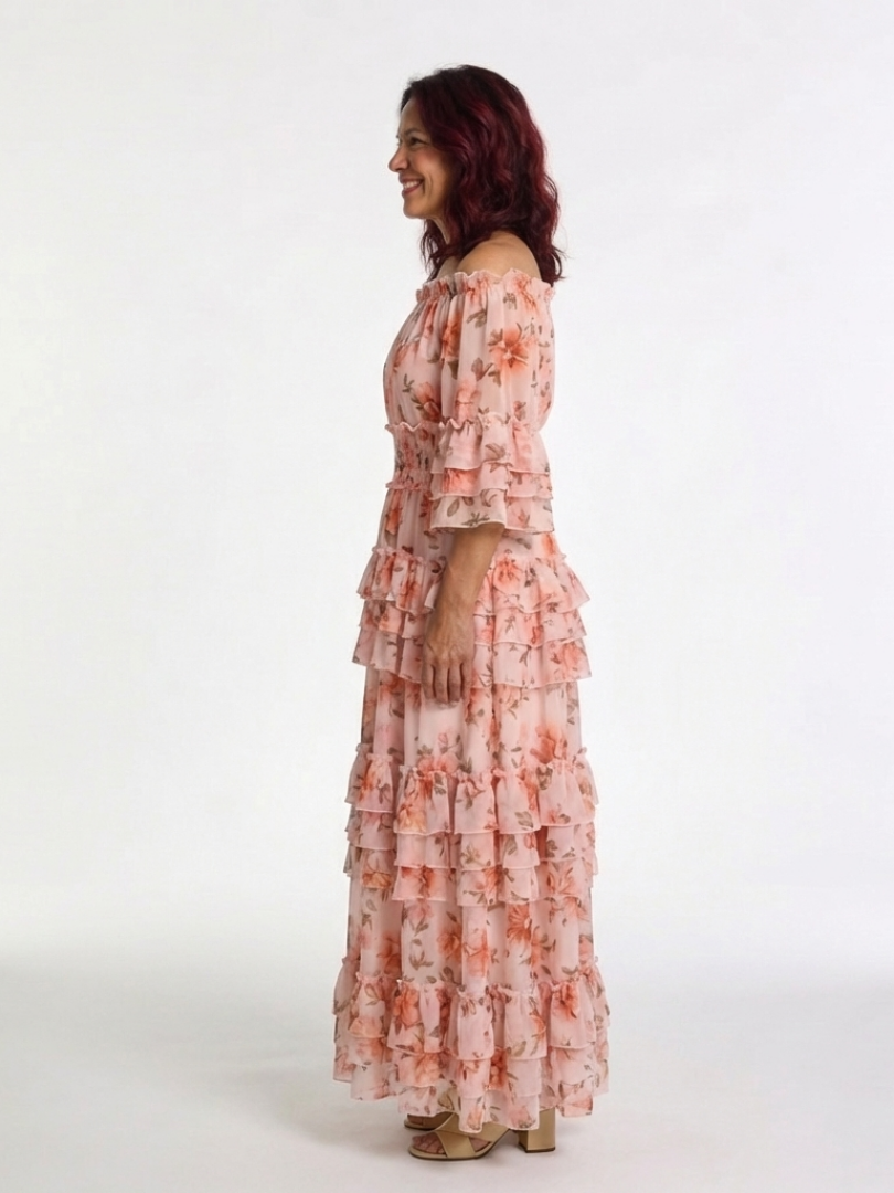 Rosalia | Vestido Maxi Floral con Volantes y Hombros Descubiertos