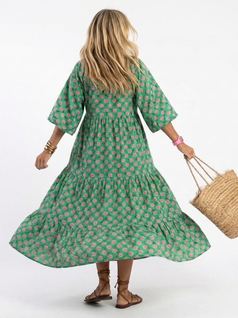 Fiona | Vestido Midi de Cuello en V con Estampado Floral