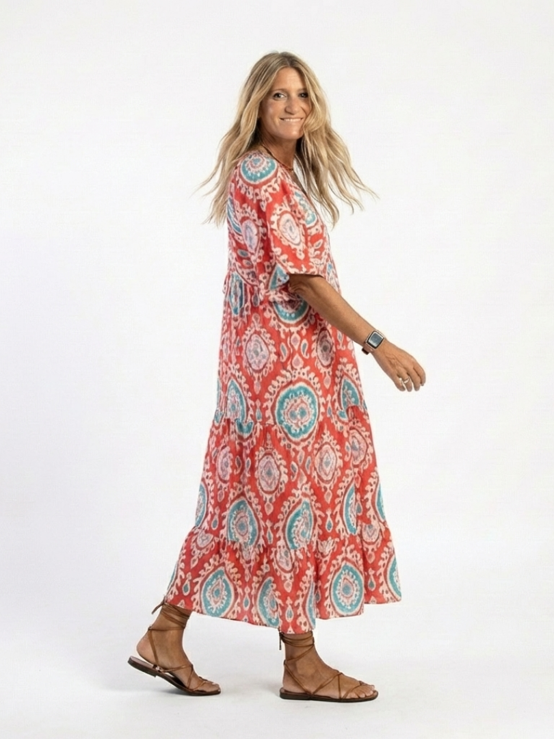 Zaria | Vestido Midi de Manga Corta con Escote en V de Estampado Paisley