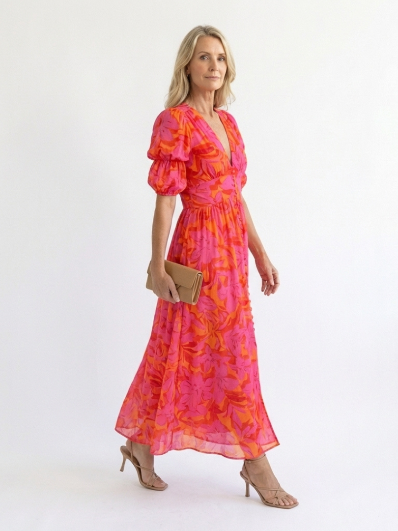 Alicia | Vestido Midi de Manga Abullonada con Escote en V Florall