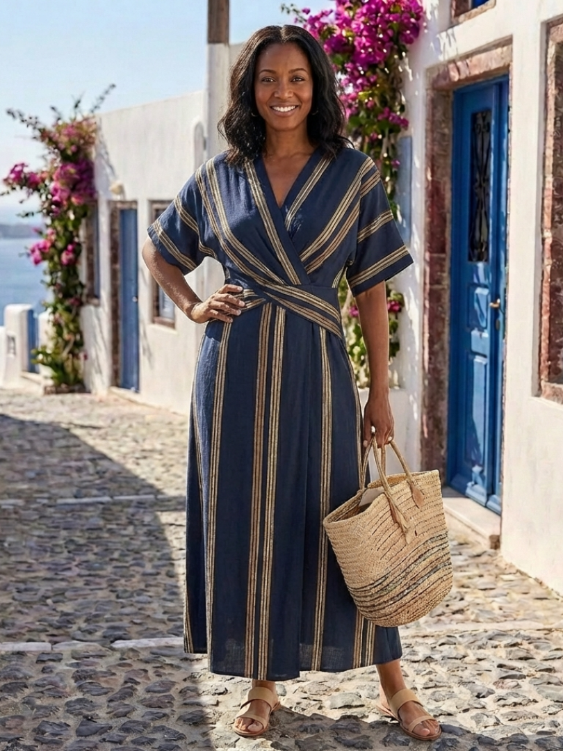 Saphira | Vestido Midi Envoltura Rayado de Manga Corta con Escote en V