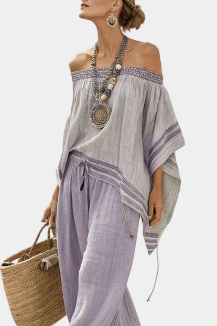 Serenella - blusa de hombros caídos y pantalones de pierna ancha a rayas