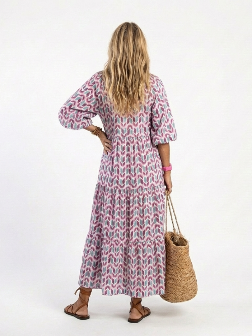 Mireya | Vestido Midi de Manga Larga con Estampado Geométrico