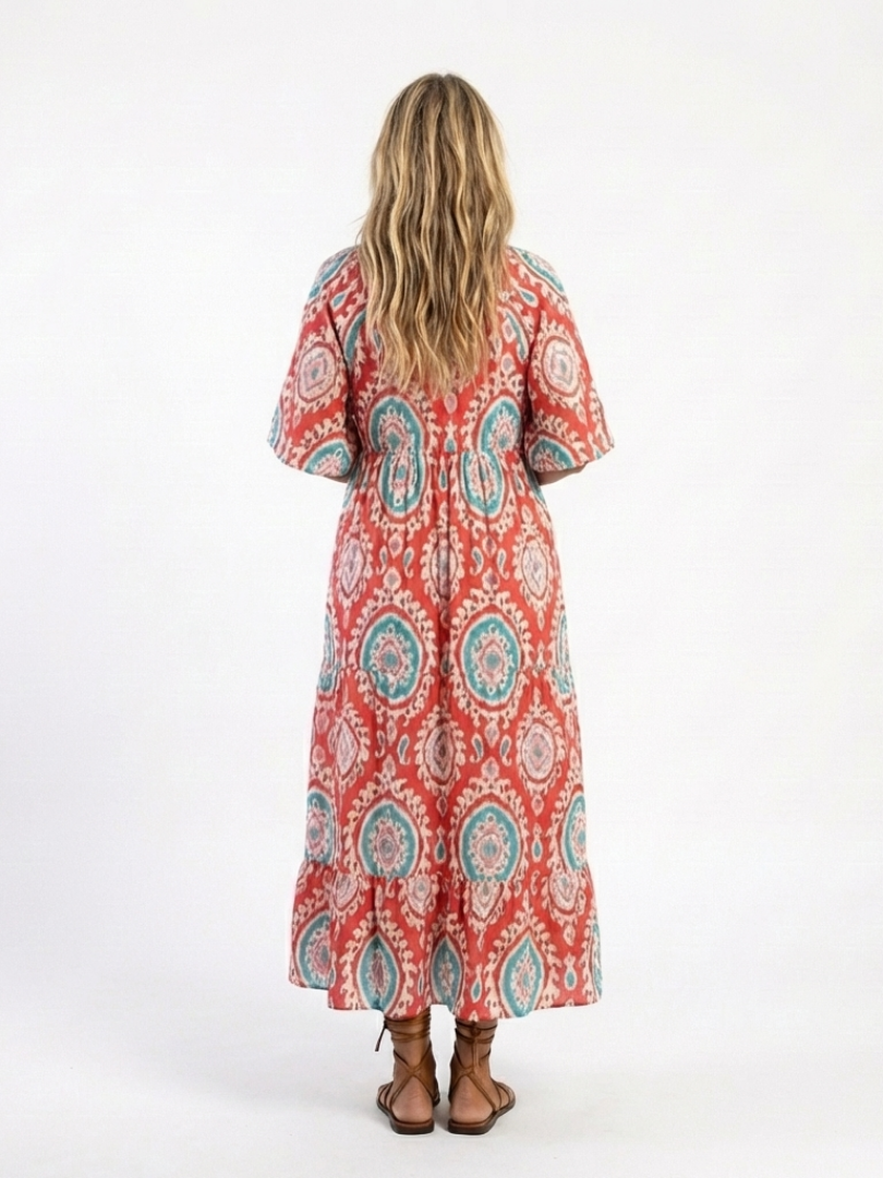 Zaria | Vestido Midi de Manga Corta con Escote en V de Estampado Paisley