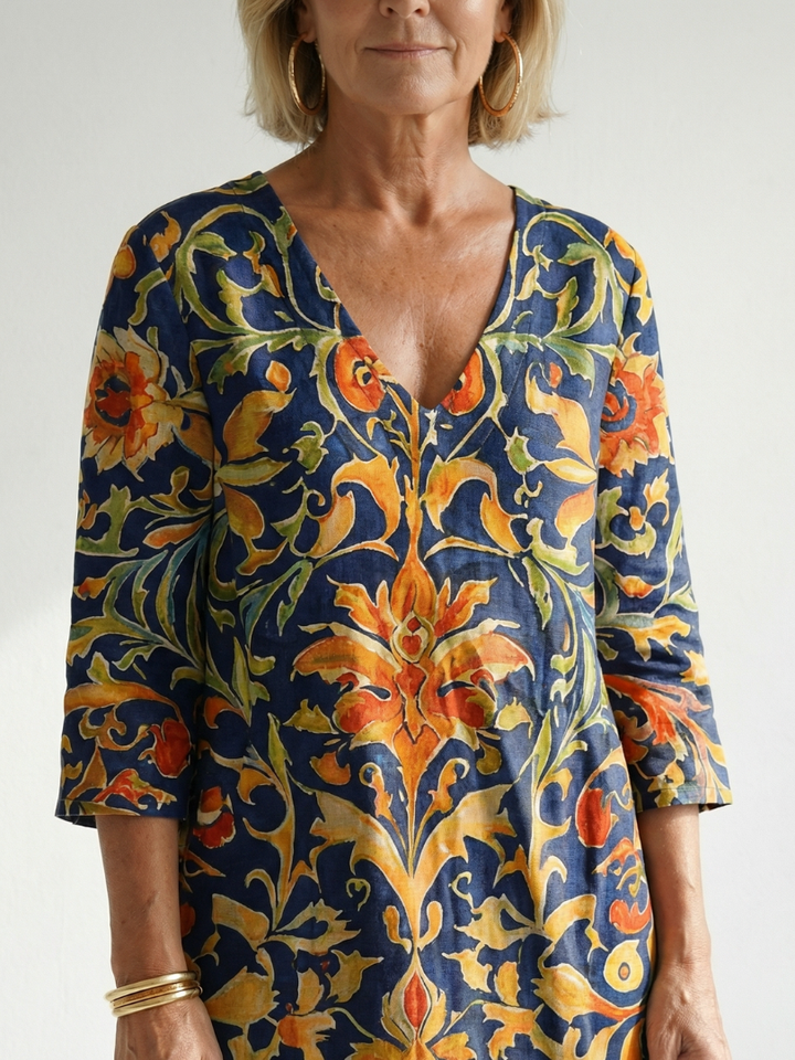 Elenara | Vestido Midi Floral Ornamental Limpio