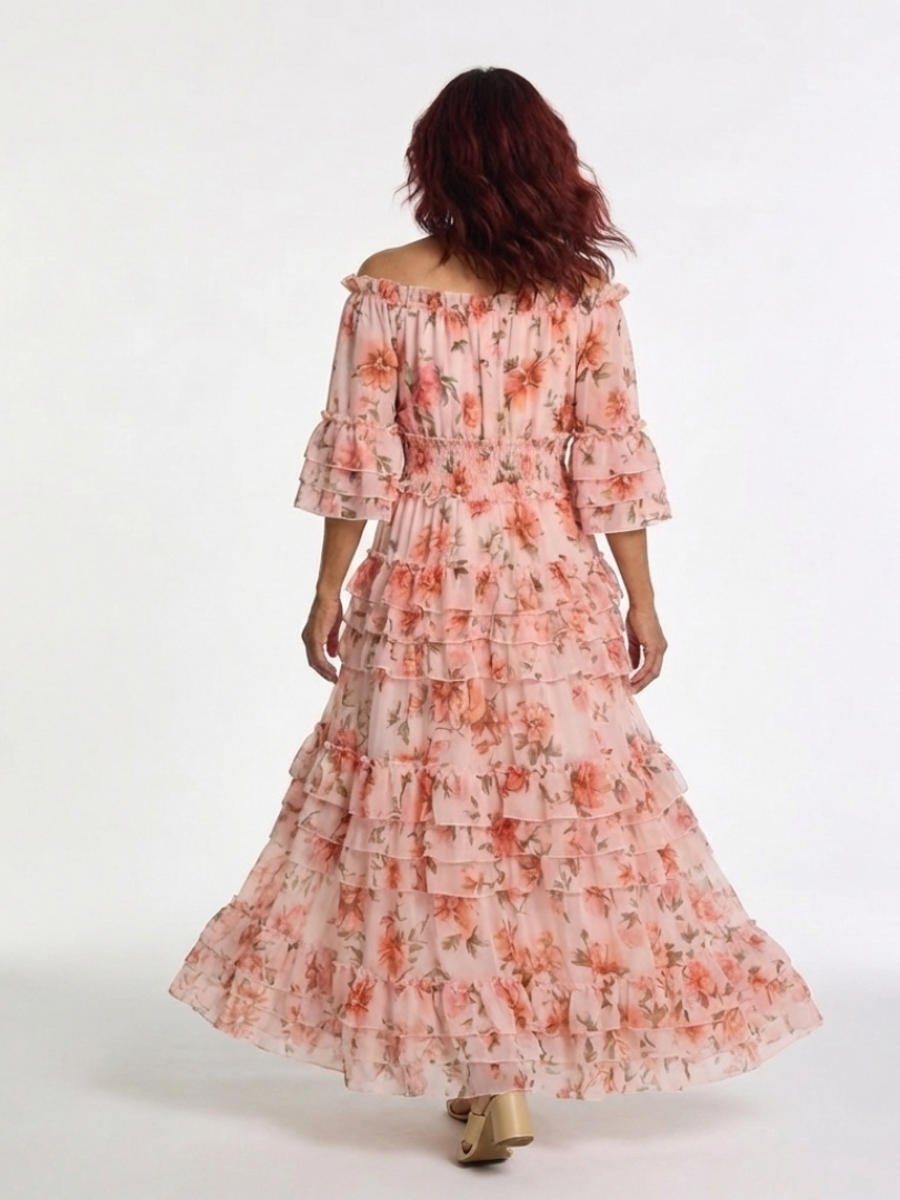 Rosalia | Vestido Maxi Floral con Volantes y Hombros Descubiertos