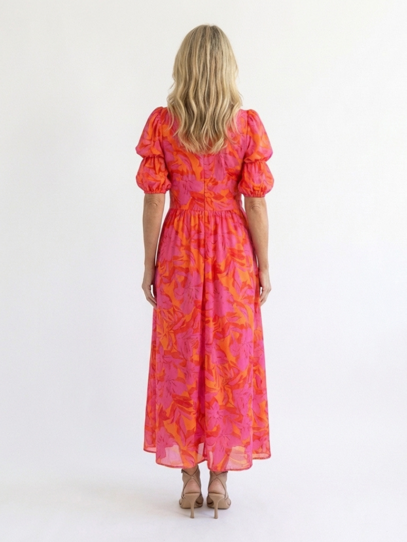Alicia | Vestido Midi de Manga Abullonada con Escote en V Florall