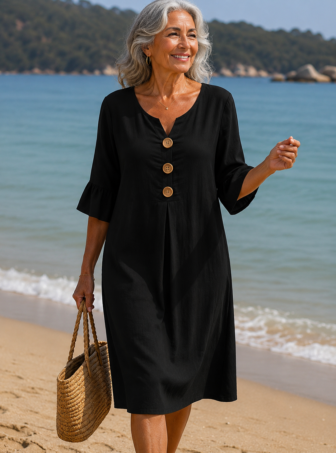 Vanesa™ | Vestido con textura de lino con manga abullonada y botones