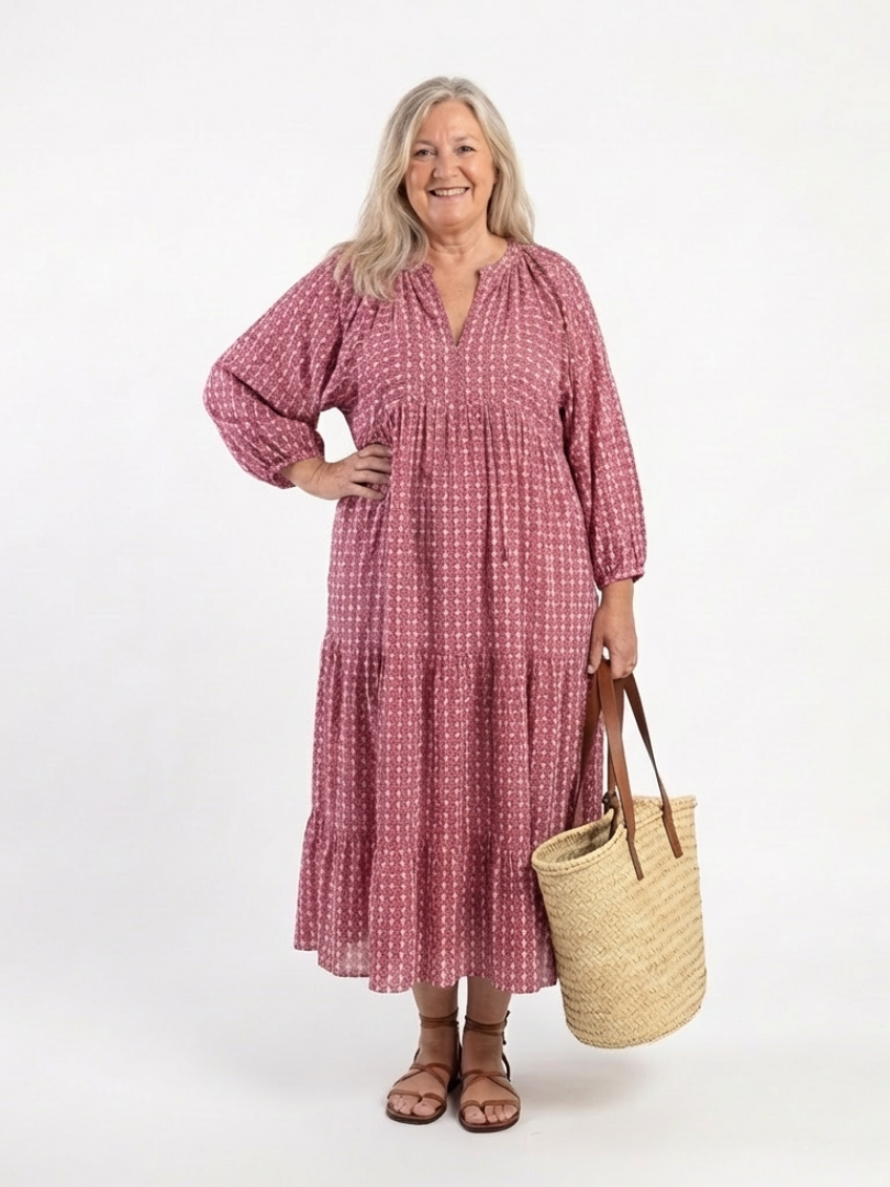 Paloma | Vestido Midi de Manga Larga con Estampado Geométrico