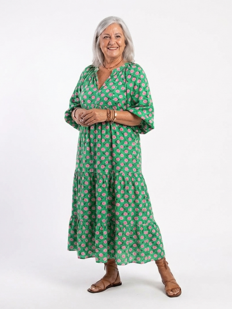 Fiona | Vestido Midi de Cuello en V con Estampado Floral
