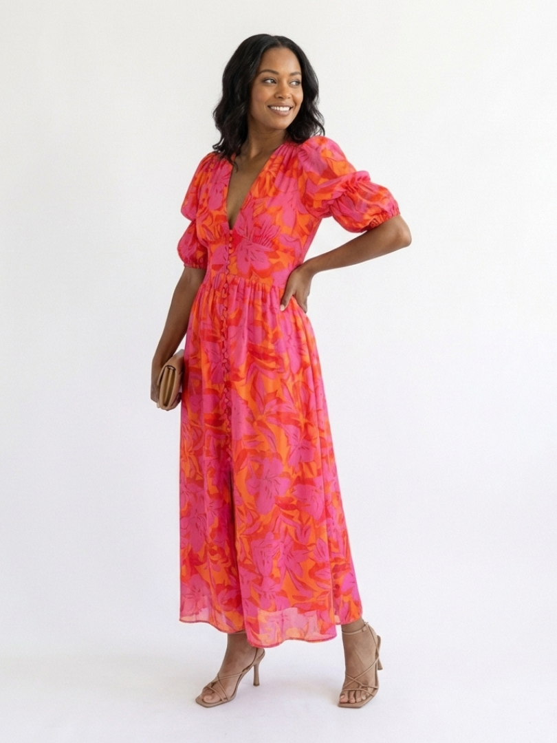 Alicia | Vestido Midi de Manga Abullonada con Escote en V Florall