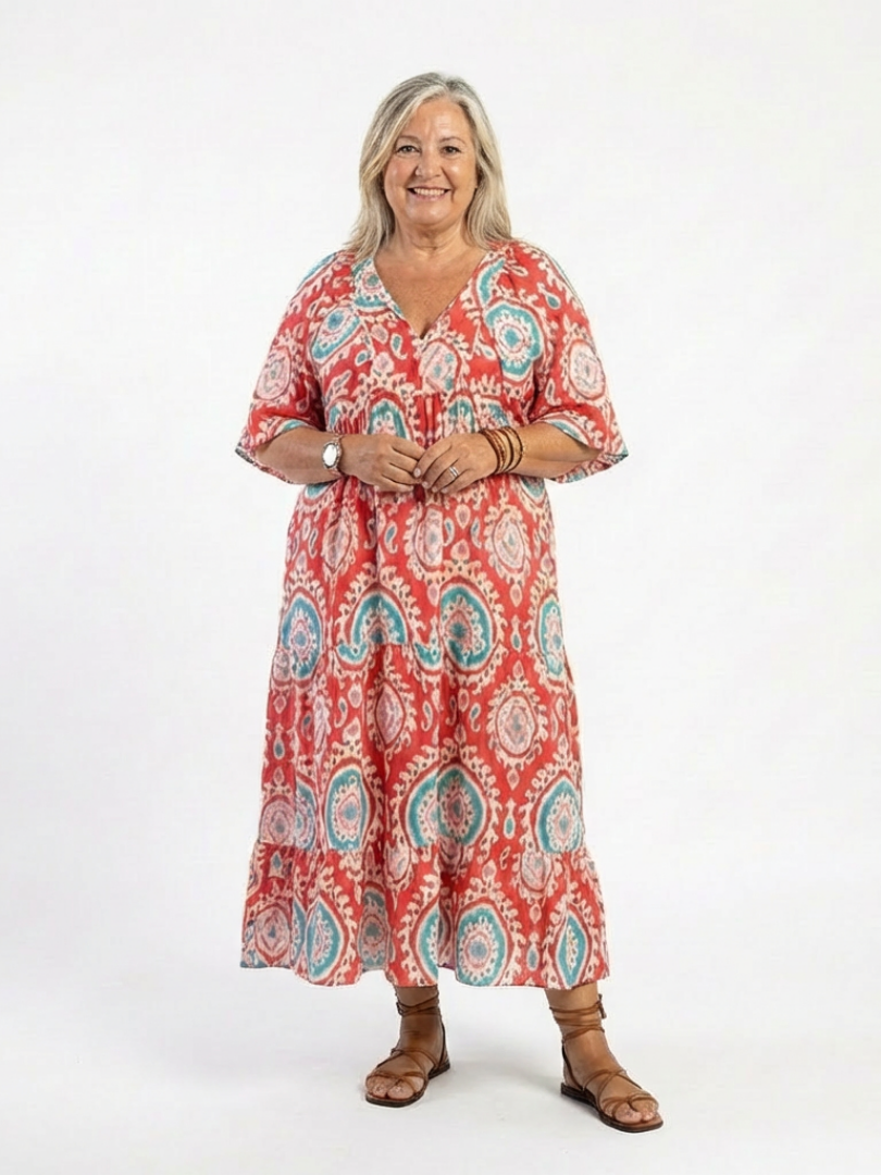 Zaria | Vestido Midi de Manga Corta con Escote en V de Estampado Paisley