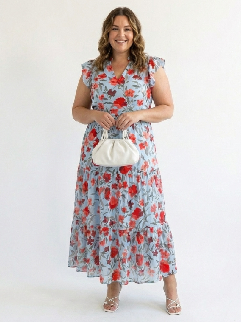 Lila | Vestido Midi de Volantes con Escote en V Floral
