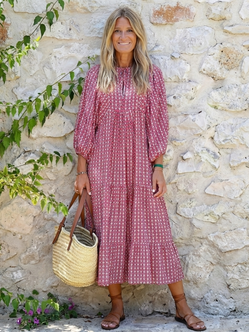 Paloma | Vestido Midi de Manga Larga con Estampado Geométrico