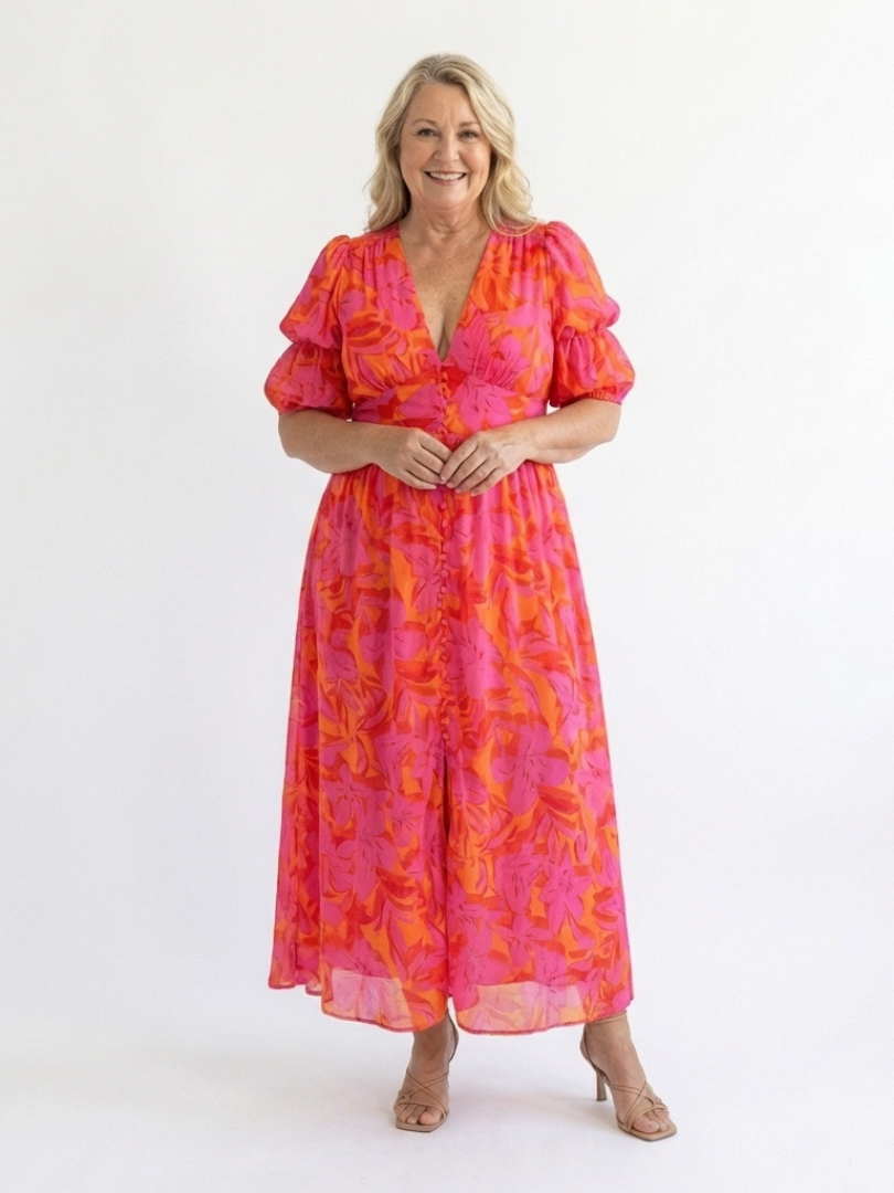 Alicia | Vestido Midi de Manga Abullonada con Escote en V Florall