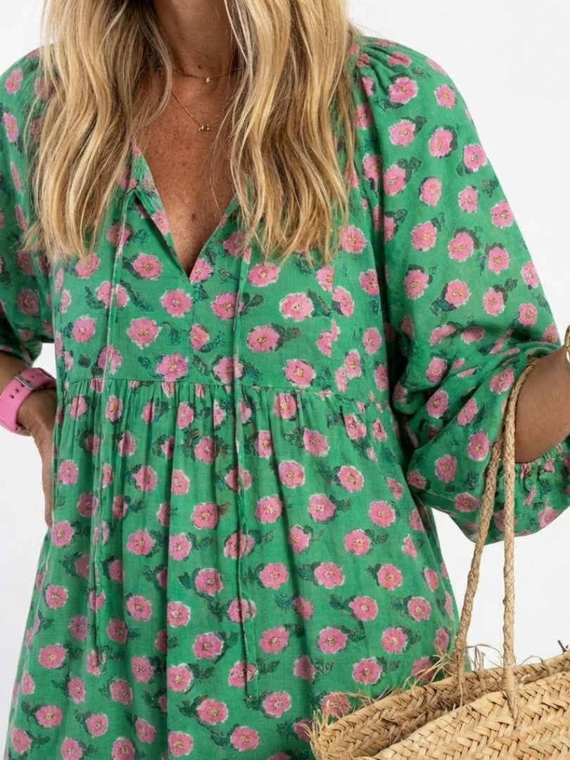 Fiona | Vestido Midi de Cuello en V con Estampado Floral