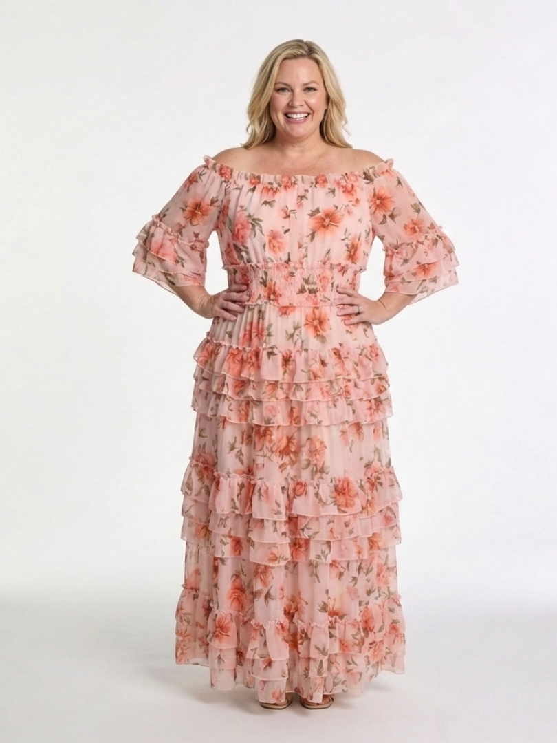 Rosalia | Vestido Maxi Floral con Volantes y Hombros Descubiertos
