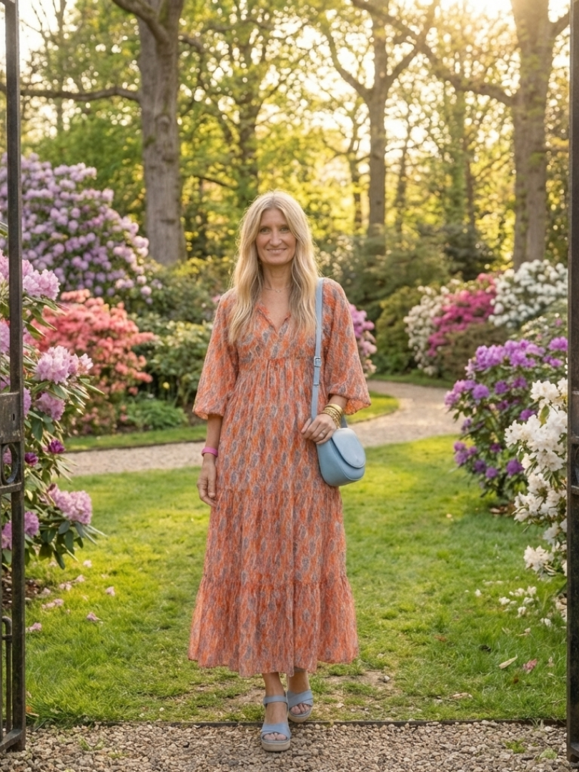 Amara | Vestido Midi de Cuello en V con Estampado Geométrico