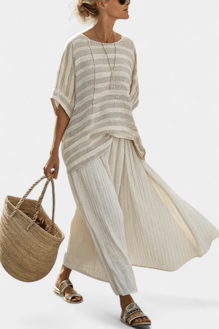 Graziella – top a rayas en bambú natural y pantalones fluidos de lino