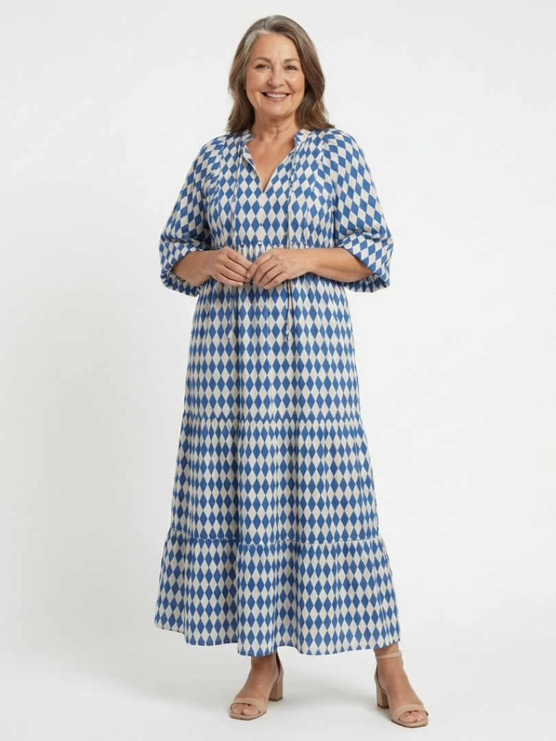 Elona | Vestido Midi Acampanado con Estampado de Diamantes