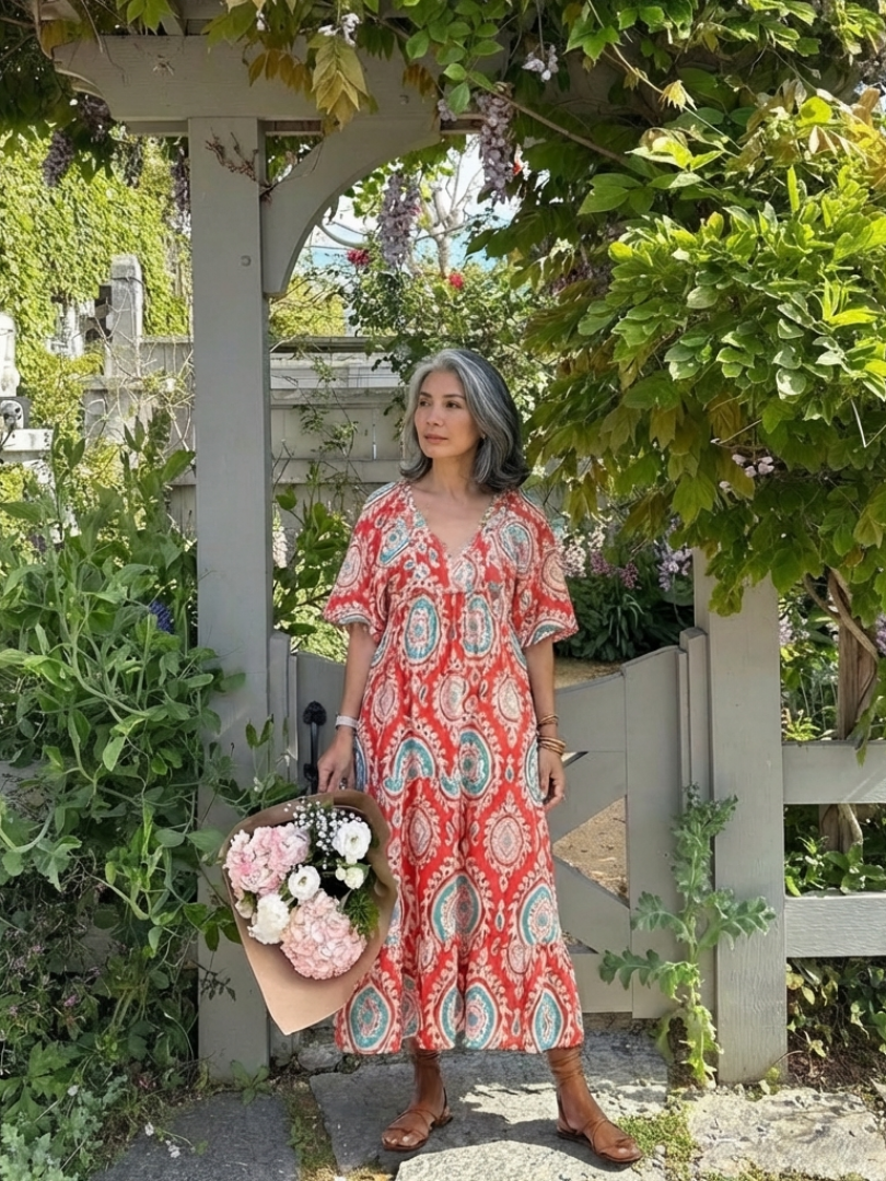 Zaria | Vestido Midi de Manga Corta con Escote en V de Estampado Paisley