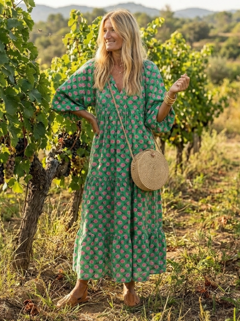 Fiona | Vestido Midi de Cuello en V con Estampado Floral