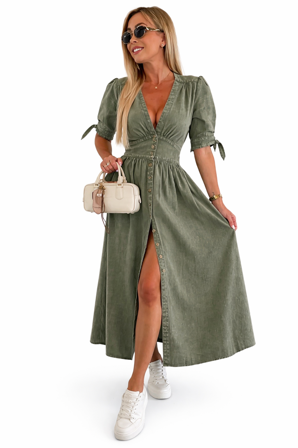 Clarina - Vestido con nudo y escote en v profundo