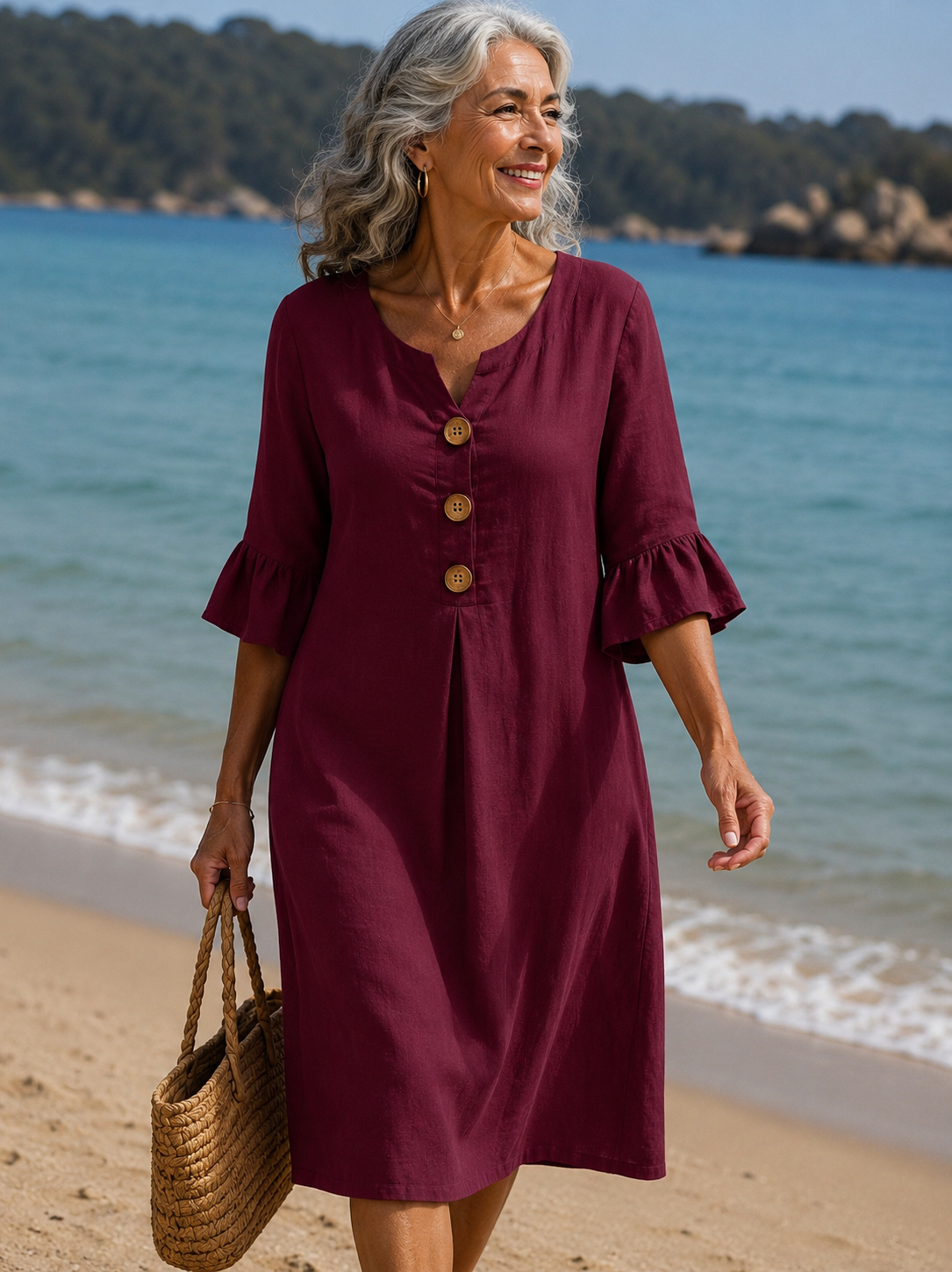 Vanesa™ | Vestido con textura de lino con manga abullonada y botones