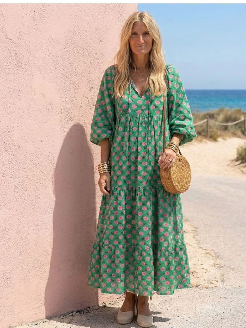 Fiona | Vestido Midi de Cuello en V con Estampado Floral