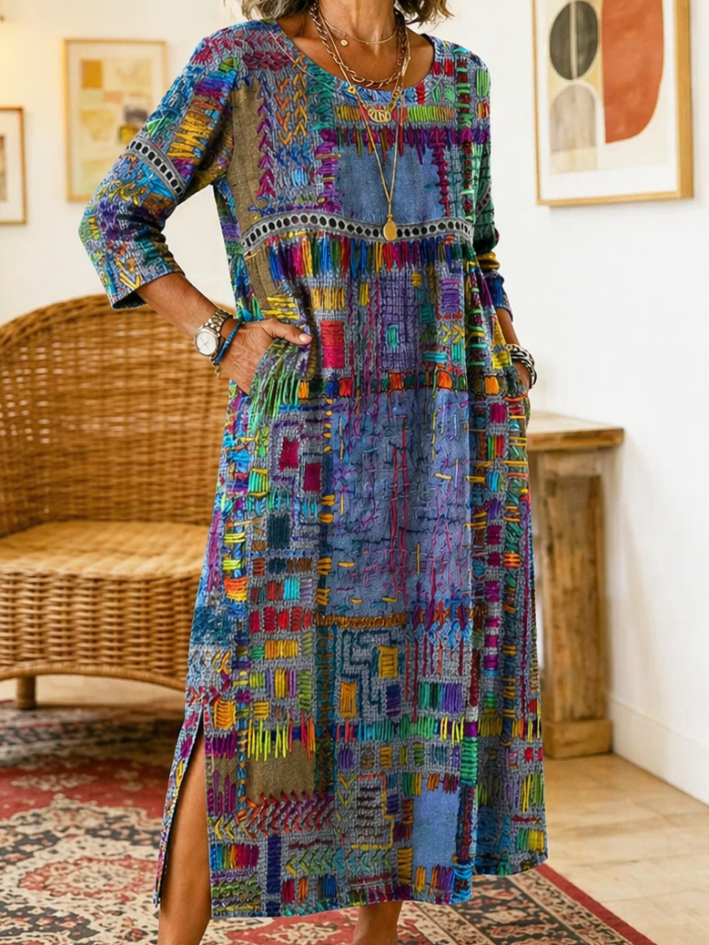 Matilda | Vestido Denim con Patchwork Étnico