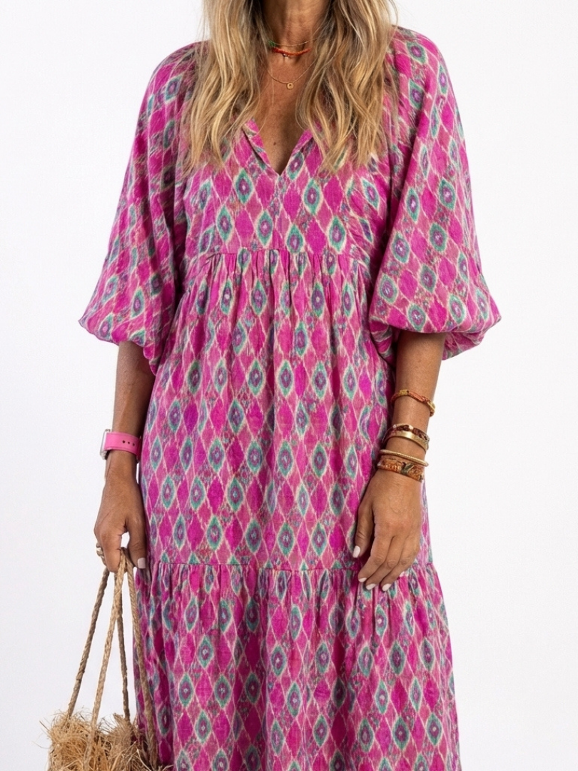Apolline | Vestido midi con cuello en V y mangas tres cuartos estampado