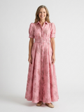 Xanthea | Vestido Maxi Camisero Floral Texturizado con Manga Corta y Cinturón