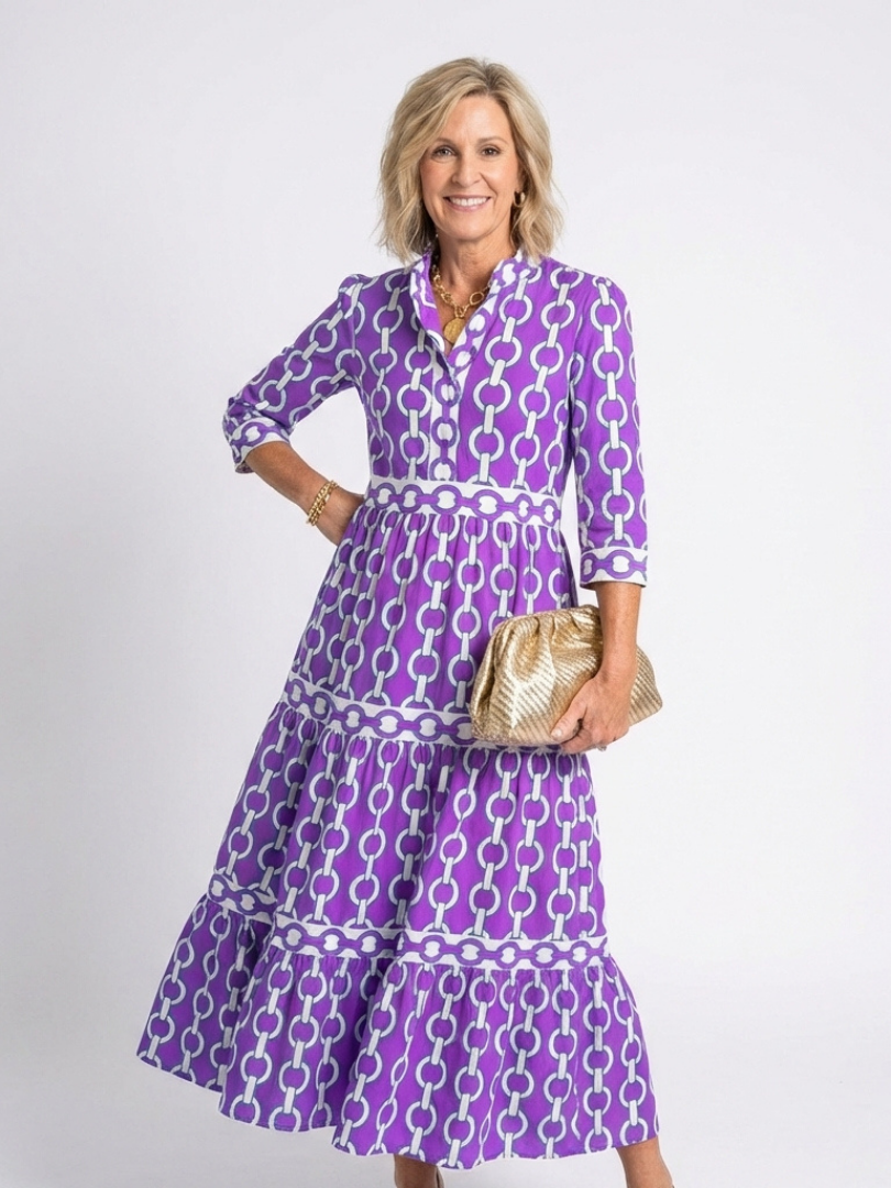 Ysolde | Vestido Midi de Manga Tres Cuartos con Patrón de Cadena