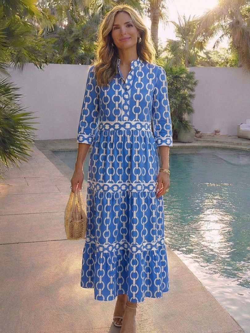 Ysolde | Vestido Midi de Manga Tres Cuartos con Patrón de Cadena