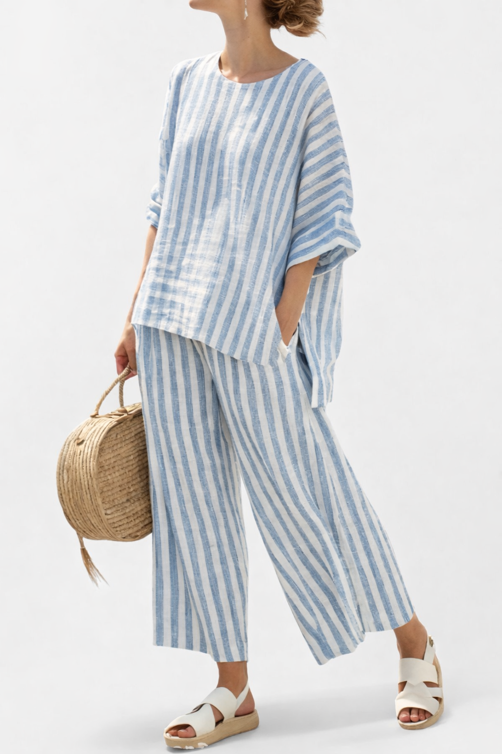 Federica™ | Conjunto elegante de lino a rayas azules