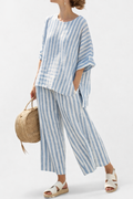 Federica™ | Conjunto elegante de lino a rayas azules